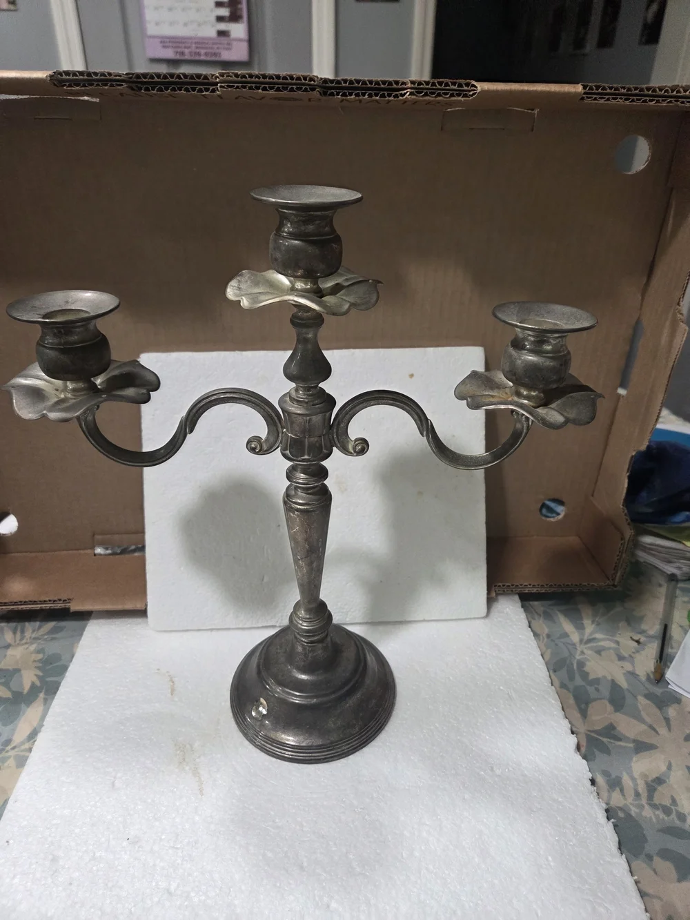 Three-Arm Metal Candelabra in Aged Silver Finish